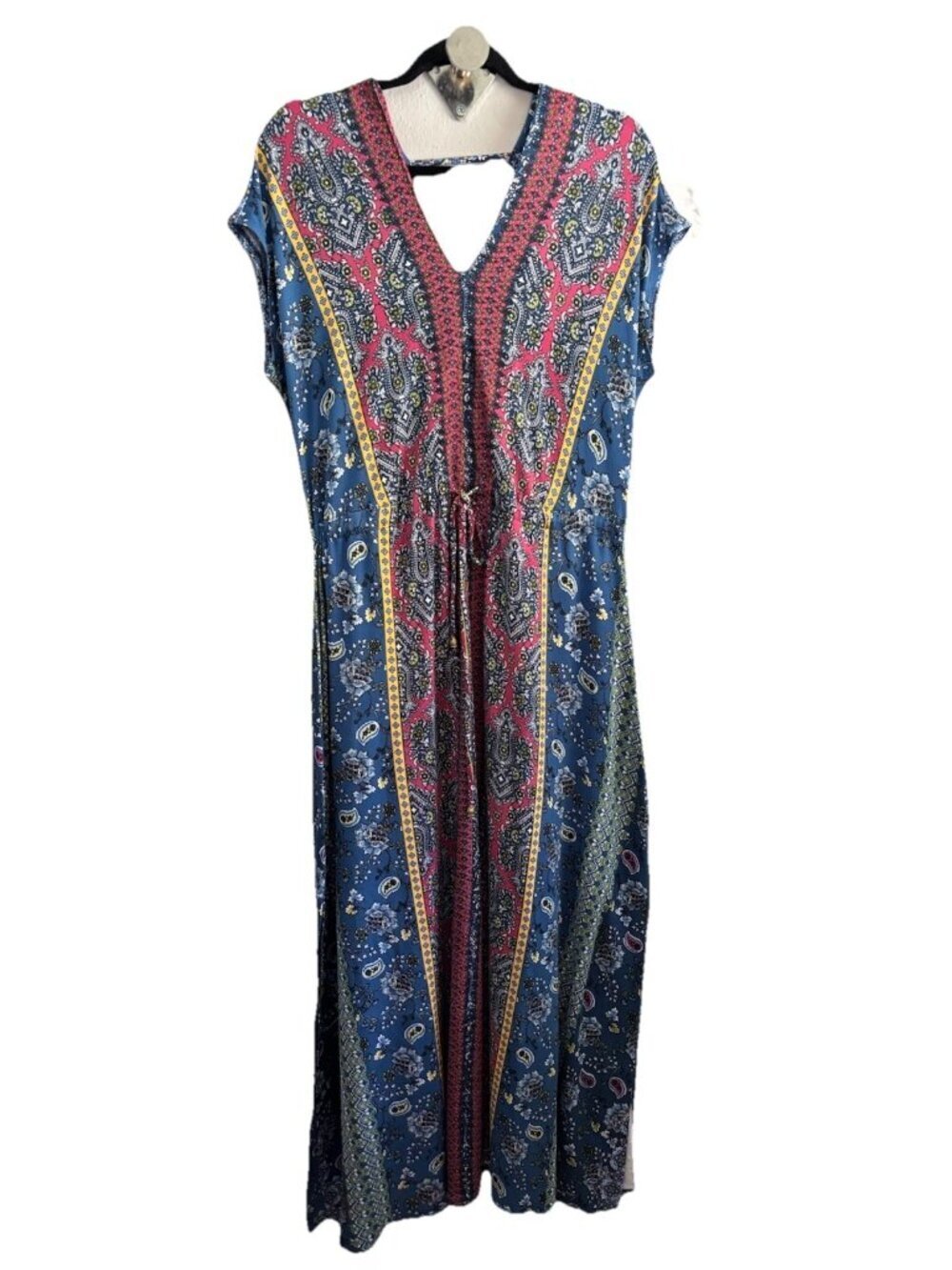 One World Women's Sleeveless Maxi Dress Blue Multi Print Side Slits Boho Size L